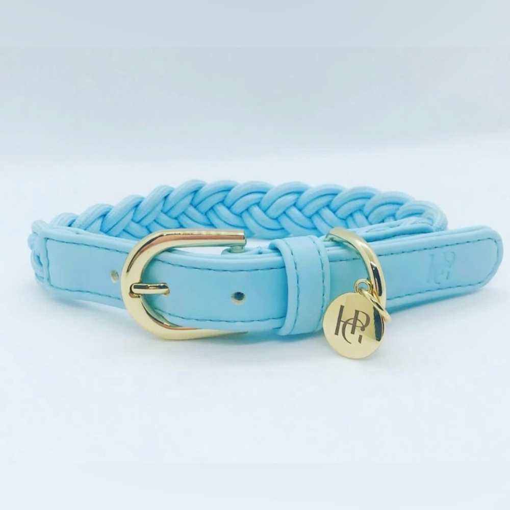 HGP Luxury Blue Weaved Dog Collar Gold Hardware Leather Trim | Small